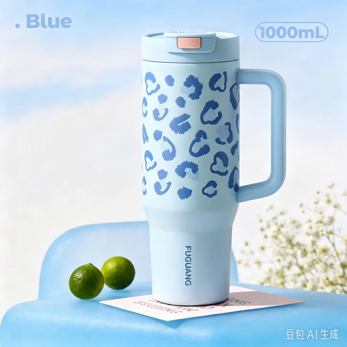 Fuguang 1000ml Blue Leopard Print Tumbler with Handle & Straw, 304 Stainless Steel Insulated Travel Mug, Leakproof Reusable Cup for Car Office Outdoor