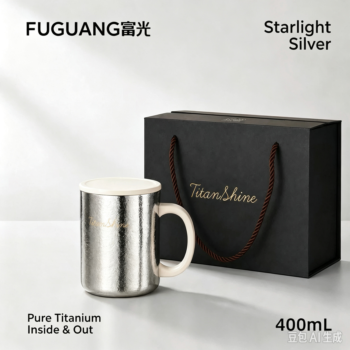 400ml Starlight Silver Pure Titanium Mug Gift Set, Double-Sided Pure Titanium Coffee Cup With Lid & Premium Gift Box