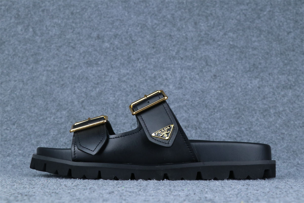 Prada Leather Dual-Buckle Slide Sandals