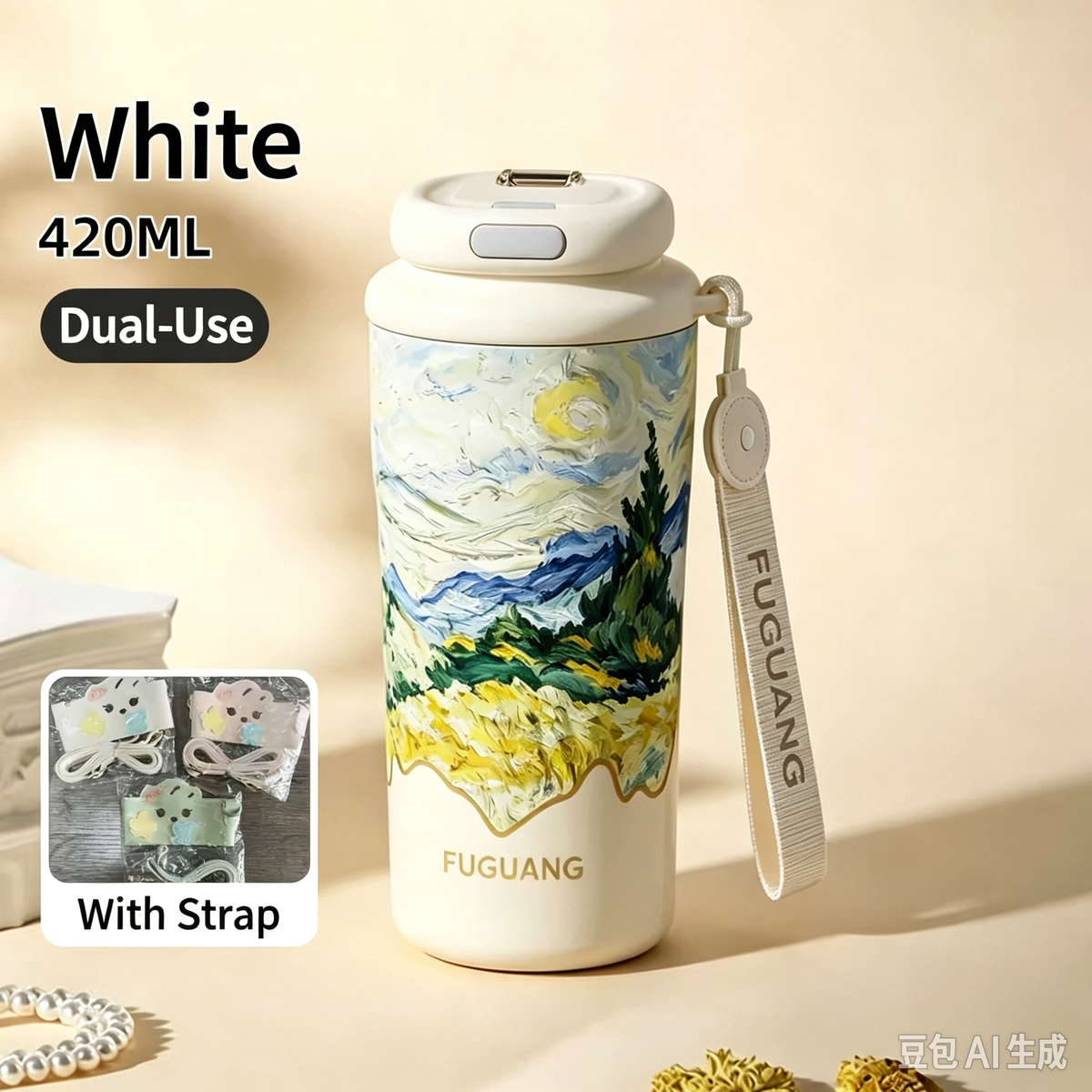 420ML Dual Drink Insulated Tumbler, Van Gogh Starry Night Art Travel Mug with Lanyard & Extra Shoulder Strap
