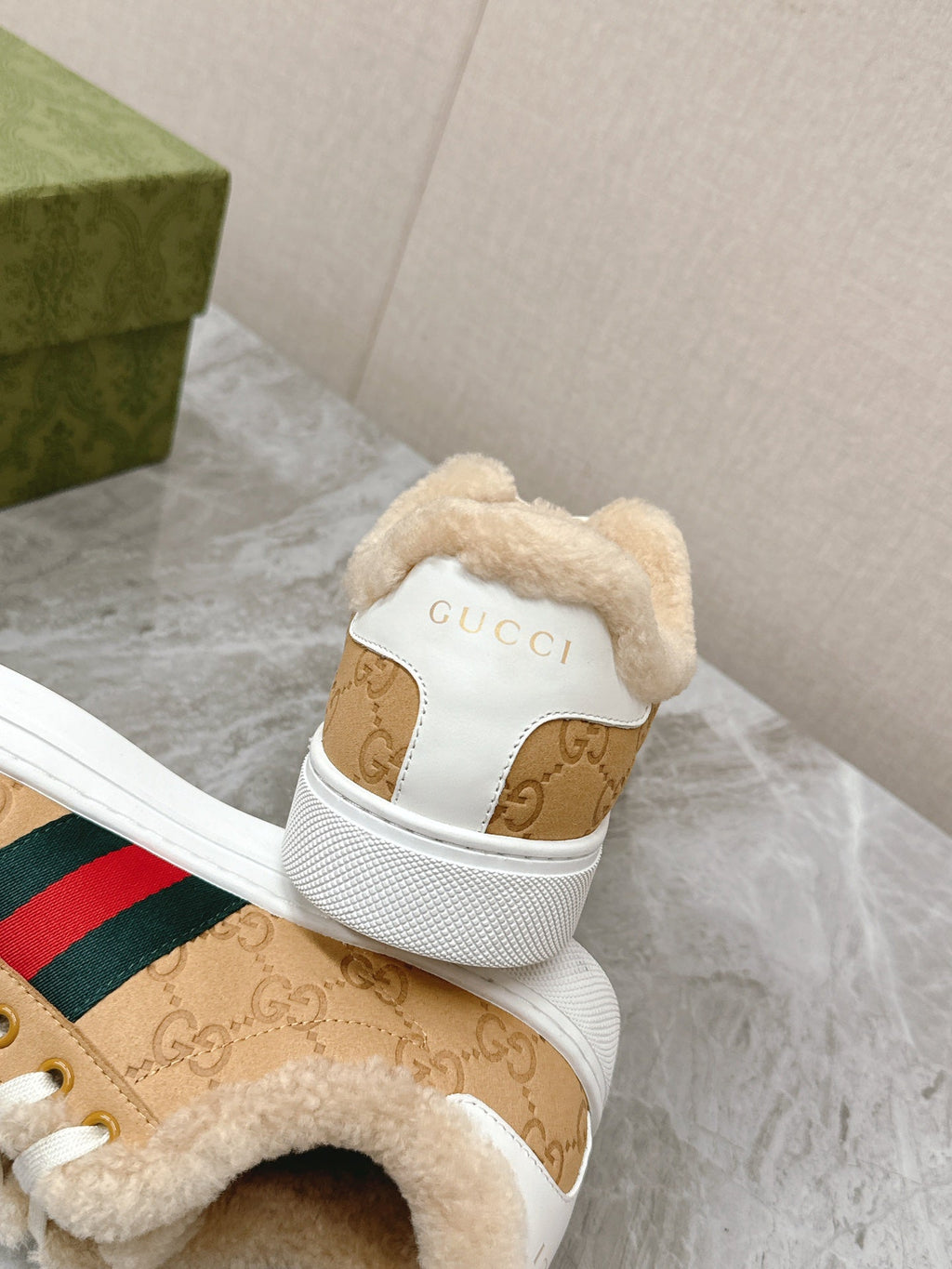 GG ACE SNEAKER WITH WEB IN BEIGE EMBOSSED SUEDE AND WOOL LINING