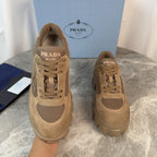 PRADA 26S GEAR SOLE SNEAKERS IN KHAKI BROWN SUEDE AND MESH