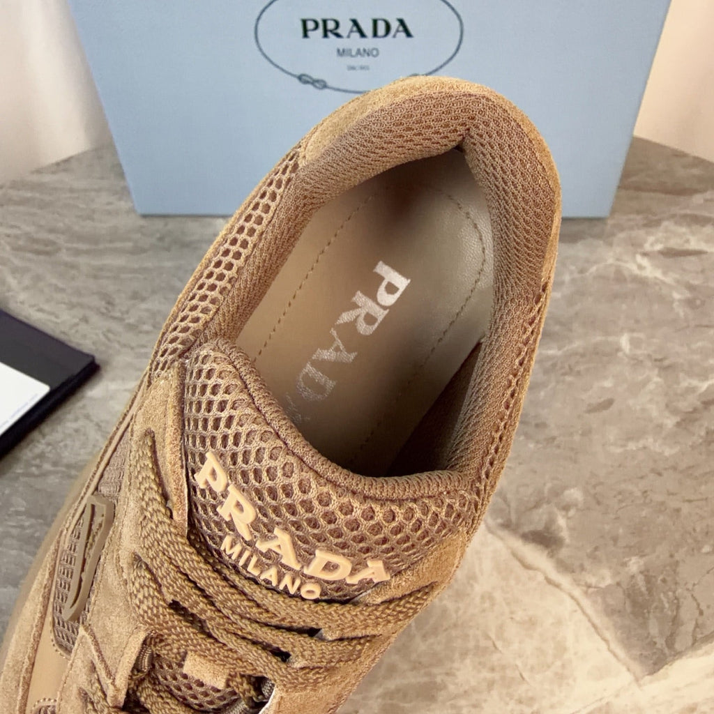 PRADA 26S GEAR SOLE SNEAKERS IN KHAKI BROWN SUEDE AND MESH