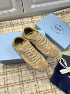 PRADA 26S LOW TOP SNEAKERS IN OLIVE BROWN NYLON AND SUEDE