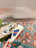 GUCCI 26S SCREENER SNEAKER IN WHITE LEATHER AND BLUE DENIM