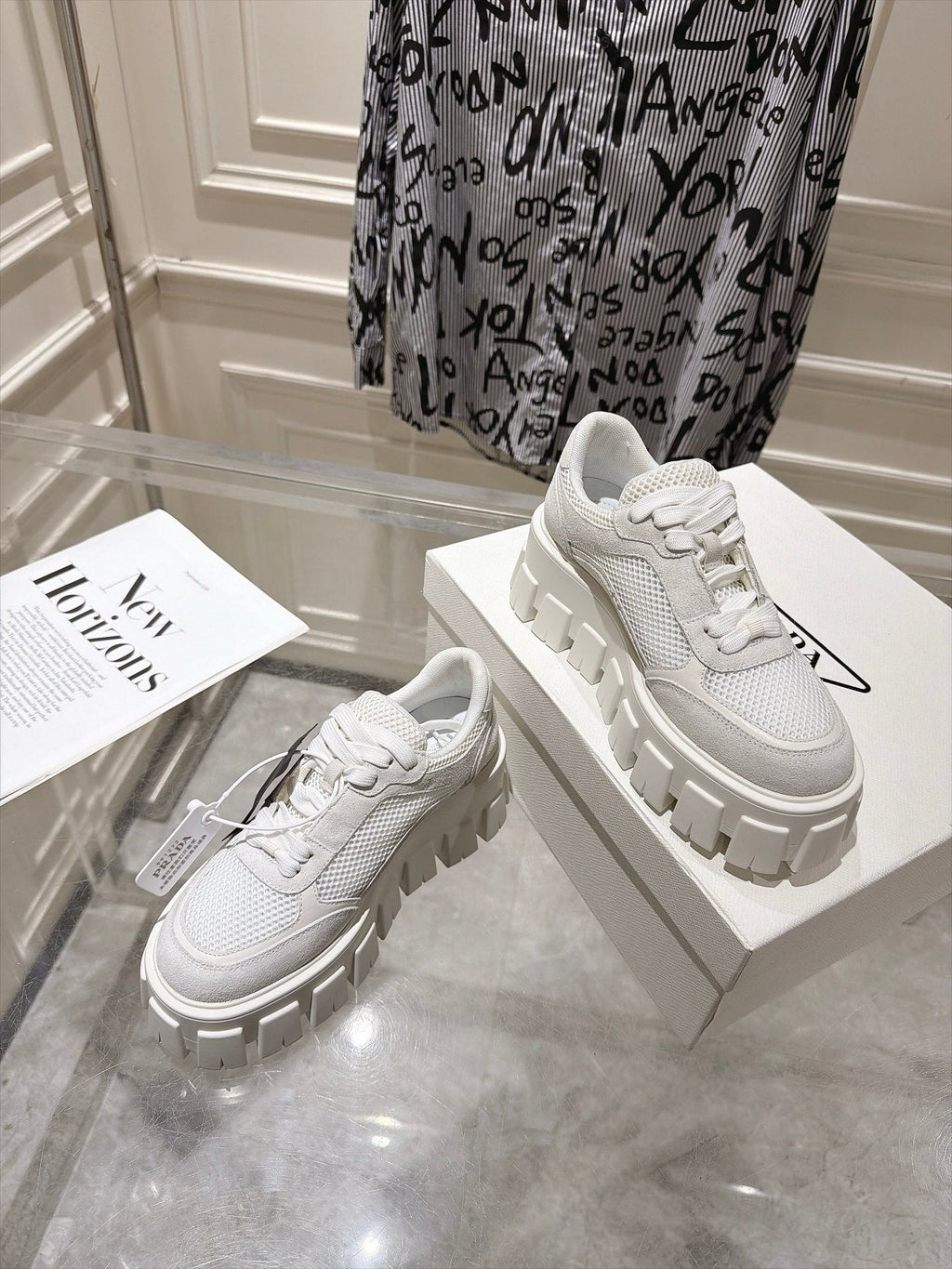 PRADA 26S GEAR SOLE SNEAKERS IN WHITE SUEDE AND MESH