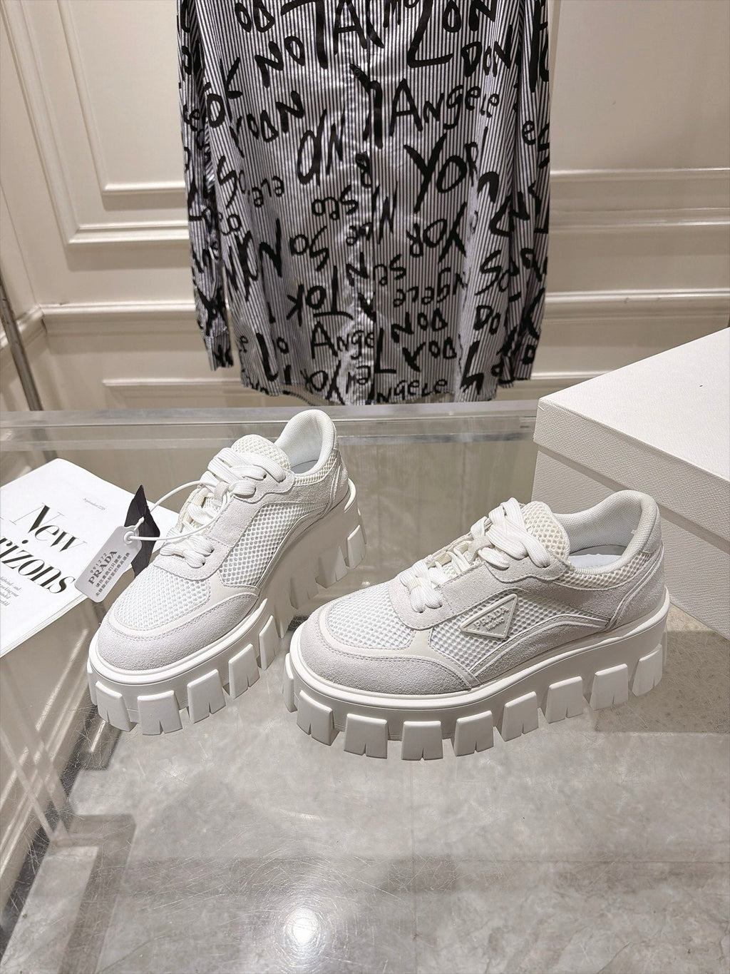 PRADA 26S GEAR SOLE SNEAKERS IN WHITE SUEDE AND MESH