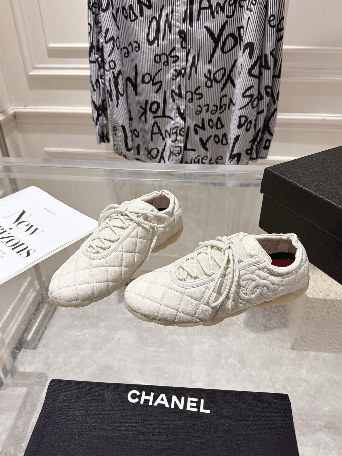 CHANEL 26S LACE UP SNEAKERS IN WHITE LAMBSKIN DIAMOND QUILTING